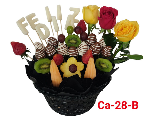 Arreglo frutal Ca-28B  Canasta frutal con 3 rosas naturales devorame