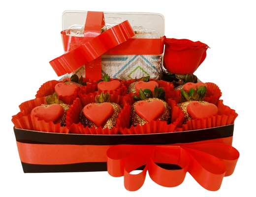 Arreglo frutal Desay-07  Fresas con chocolate + ! Rosa + Sandwich devorame